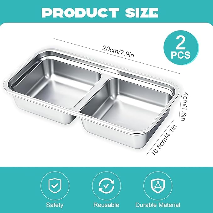 2Pcs 304 Stainless Steel Snack Containers, 2 Compartments Portable Food Storage Bento Boxes with Lids, Divided Meal Prep Lunch Box Food Container Dishwasher Safe