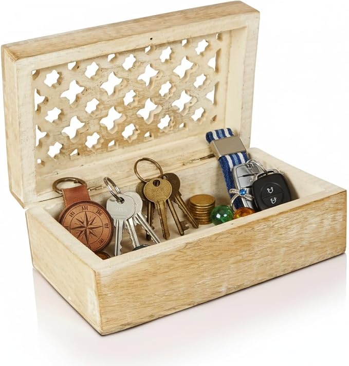 Mela Artisans Trellis Mango Wood Decorative Storage Box – Hand-Carved Wooden Jewelry Box for Keepsakes, Accessories & Home Decor – Whitewash, Medium, 7.5 x 4.5 x 3