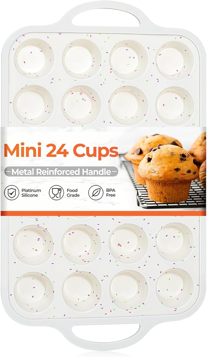 CAKETIME Mini Cupcake Pans, Metal Reinforced Frame Silicone Mini Muffin Pan Nonstick 24 Cups Easy to Handle for Baking Muffins, Cupcakes, Egg Bites 1 Pack