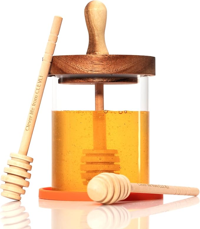 CLEVLI 12 oz Honey Pot Set with Silicone Mat, Airtight Wooden Lid, 2 Extra Dippers & Custom Gift Box | Glass Container Honey Jar for Honey & Syrup | Durable & Stylish Kitchenware Food Storage