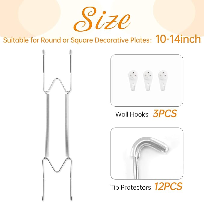 3 Pack Plate Hangers for The Wall, Suitable for 10-14 inch Art Plate, Stainless Steel Invisible Heavy Duty Wire Plate Holder with Wall Hooks, Plate Hangers for Displaying Plates, Platter, Dish, Silver