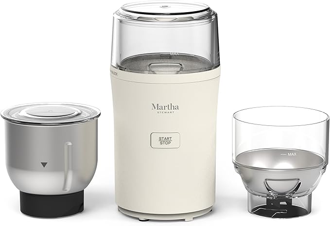 Martha Stewart Electric Coffee & Spice Grinder, Dual 2.5oz Removable Bowls, Storage Lids, Stainless Steel Blades, One Touch Pulse Control, 2-in-1 Compact, Beans & Spices, Herbs & Nuts, Linen White