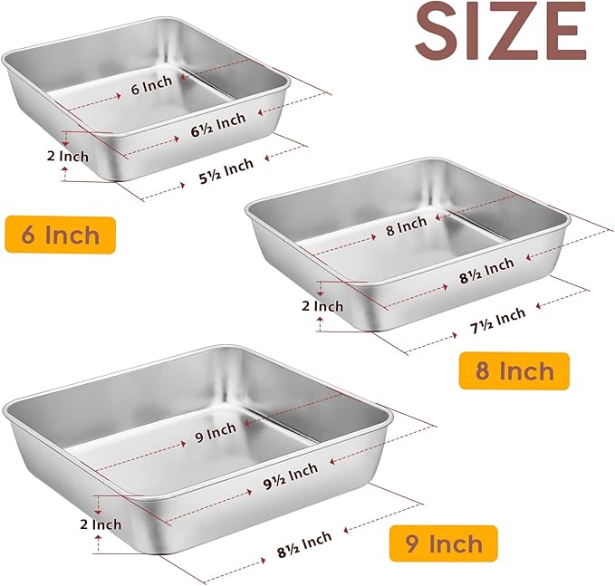 6/8/9-Inch Square Cake Pan Set, E-far Stainless Steel Square Baking Brownie Pans Metal Bakeware Set of 3, Non-toxic & Healthy, Easy Clean & Dishwasher Safe