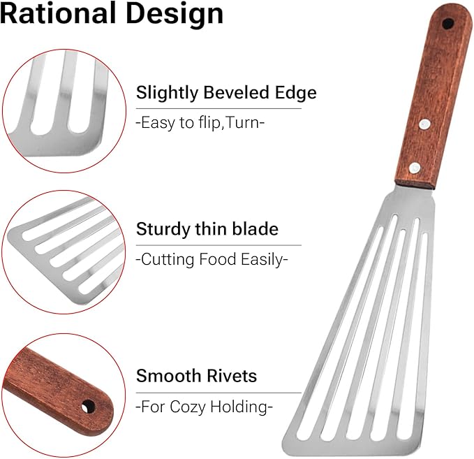 Stainless Steel Fish Spatula with Wooden Handle, Metal Spatula Flipping Foods, Slotted Fish Flipper, Brown 2 Pack