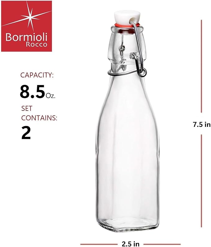 Bormioli Rocco Swing Top Glass Bottle (Set of 2) - 8.5 oz Kitchen Containers with Airtight Seal, Ideal for Homemade Dressings, Syrups, Infused Oils, Small-Batch Beverages - Glassware for Kitchen