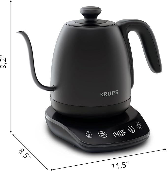KRUPS Gooseneck Electric Kettle: 1L Stainless Steel, 1350W Fast Boiling, Boils 1 Cup in 80 Seconds, Temperature Control with 8 Presets, 60-Min Keep Warm, Precision Pour for Coffee and Tea