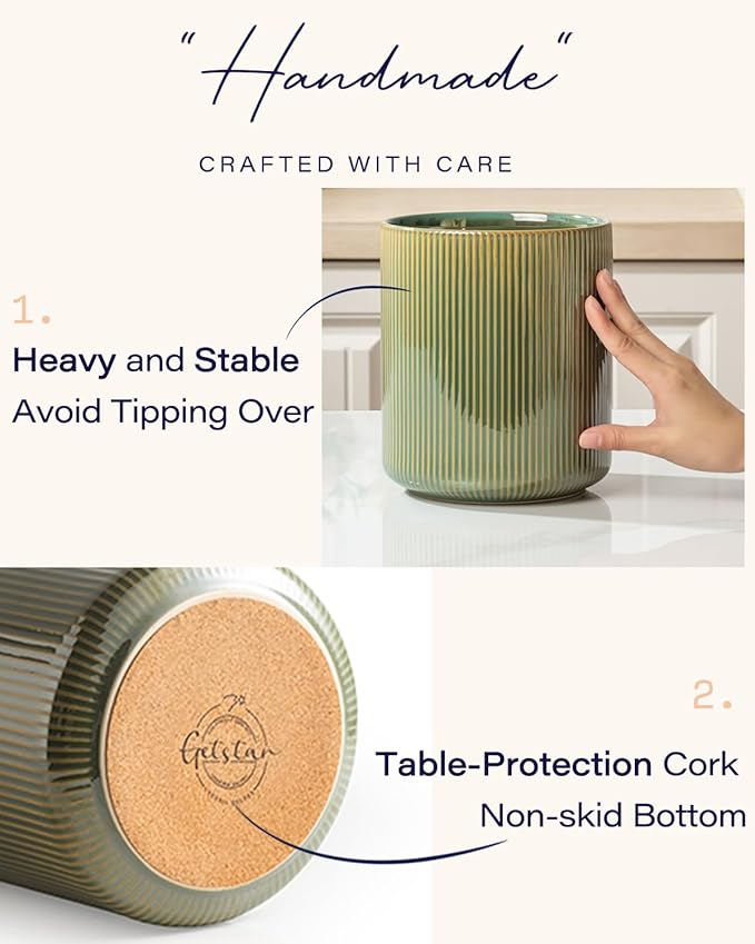 getstar Large Utensil Holder for Kitchen Counter,7.2" Vintage Ceramic Utensils Crocks Utensil Organizer for Spatula Farmhouse Kitchen Decor