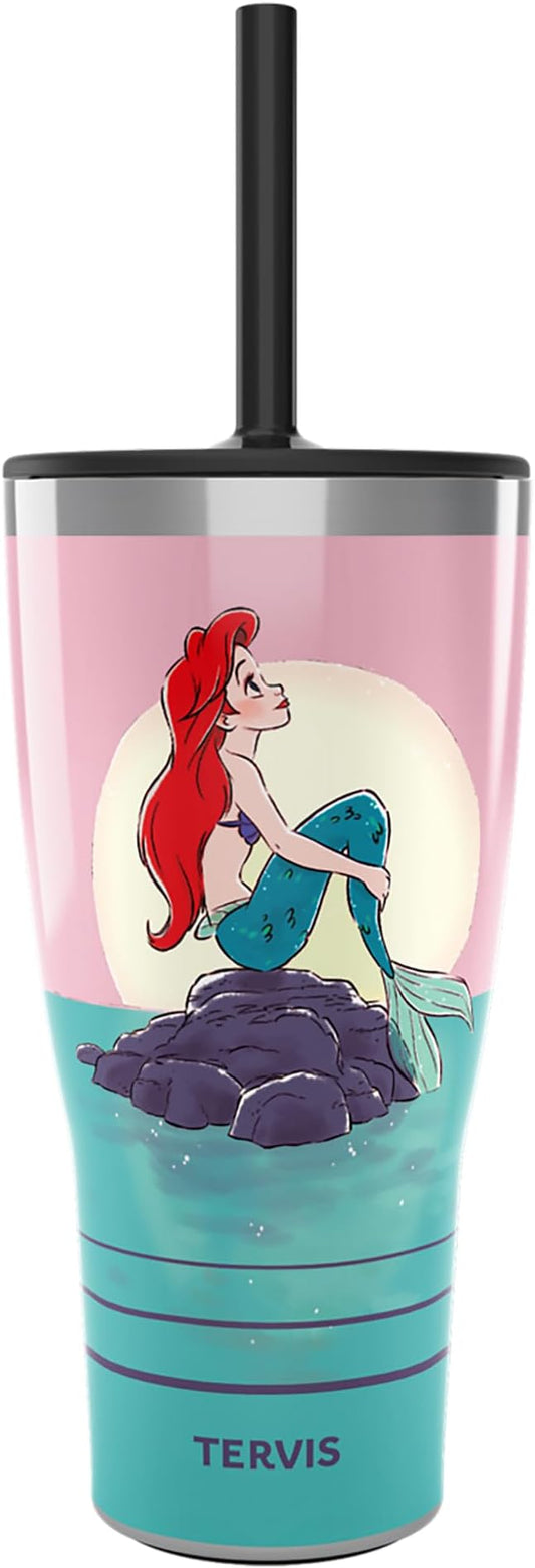 Tervis Traveler Disney The Little Mermaid Thoughtful Ariel Triple Walled Insulated Tumbler Travel Cup Keeps Drinks Cold & Hot, 30oz - with Straw Lid, Stainless Steel