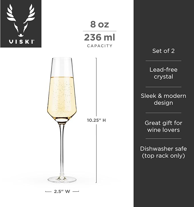 Viski Raye Crystal Angled Champagne Flutes, Elegant Crystal Clear Champagne Glasses Gift Set for Sparkling Wine, Prosecco, Mocktails, Housewarming, Wedding Gifts, Home Bar, 8 oz, Set of 2