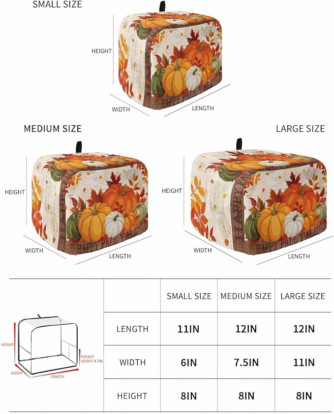 Orange Pumpkins Fall Toaster Cover 4 Slice, Thanksgiving Maple Leaf Dustproof Bakeware Oven Protector with Top Hook, Autumn Retro Waterproof Small Kitchen Appliance Toasters Dust Cover, 12"x11"x8"