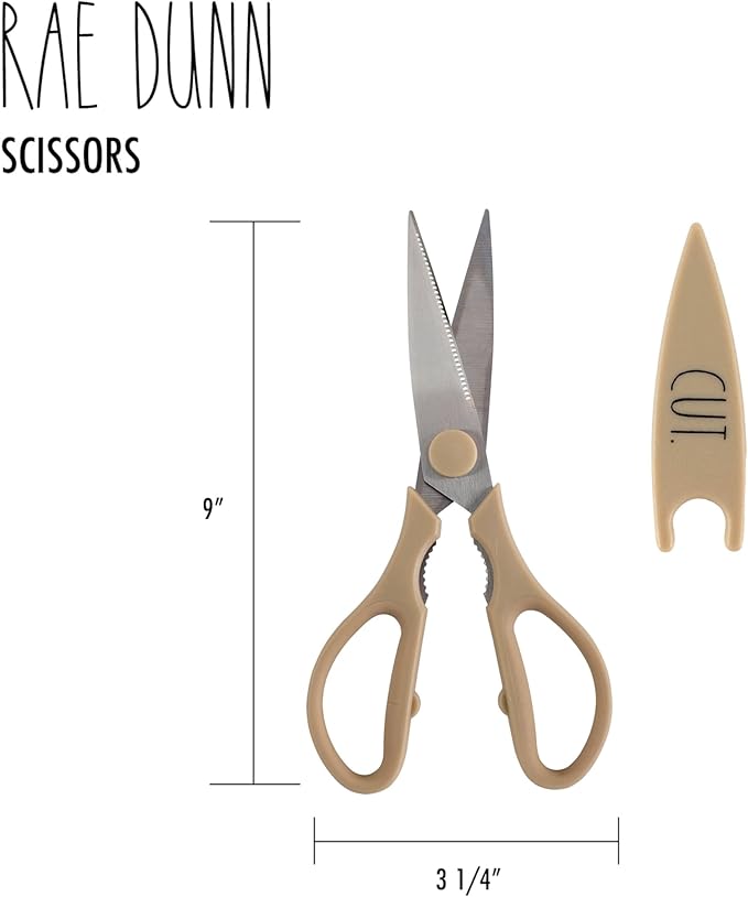 Rae Dunn Kitchen Scissors- Stainless Steel Kitchen Shears, Cooking Scissors for Cutting Meat, Chicken, Herbs and Produce with Blade Cover and Soft Grip Handles (Brown)