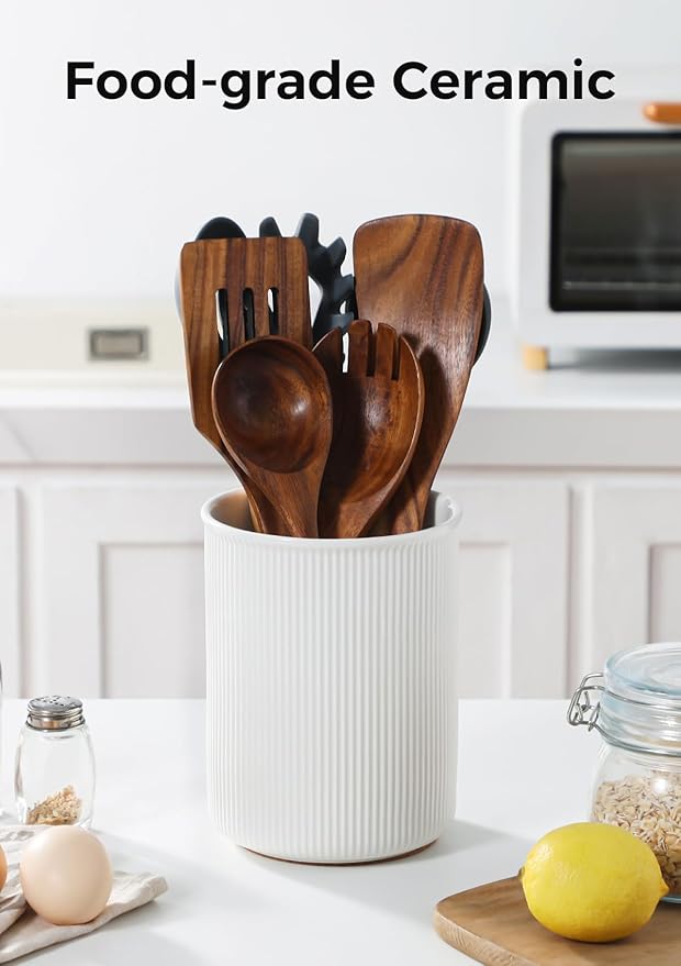 LoeJan 6.7" Utensil Holder, Ceramic Kitchen Utensil Holder with Cork Bottom, Large Utensil Crock for Countertop, Vintage Cooking Tool Organizer Set for Kitchen Counter Decor(White)