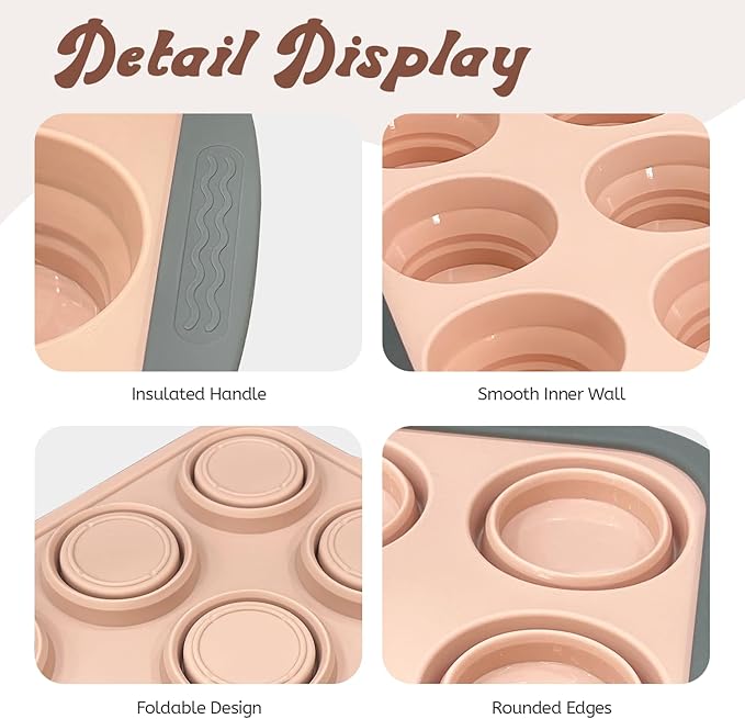 Silicone Muffin Pans for Baking with Metal Frame, 6-Cup Silicone Muffin Pan, Non-BPA Nonstick Coating, Easy Release & Clean, Oven & Dishwasher Safe, Versatile for Baking, Custards & Cupcakes(Pink)