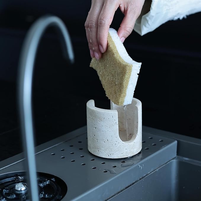JIMEI Travertine Marble Sponge Holder for Kitchen Counter - Natural Stone Dish Drying Rack, Sponge Caddy for Sink Organizer - Durable & Stylish Kitchen Decor