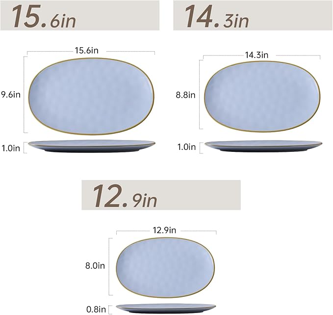 Ceramic Oval Serving Platter: 15.6/14.3/12.9 Inch Large Serving Dishes for Entertaining Party, Turkey, Steak, Ham, Microwave Dishwasher Safe, Blue