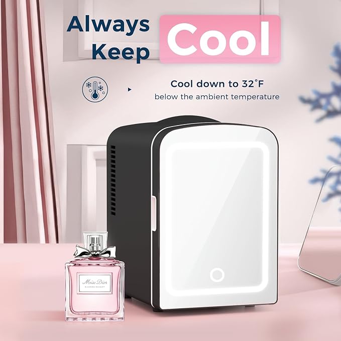 Antarctic Star 4L Makeup Mini Refrigerator With Mirror for Bedroom, Car, Office & Dorm, Portable Small Cooler for Cosmetics, Skin Care, Black