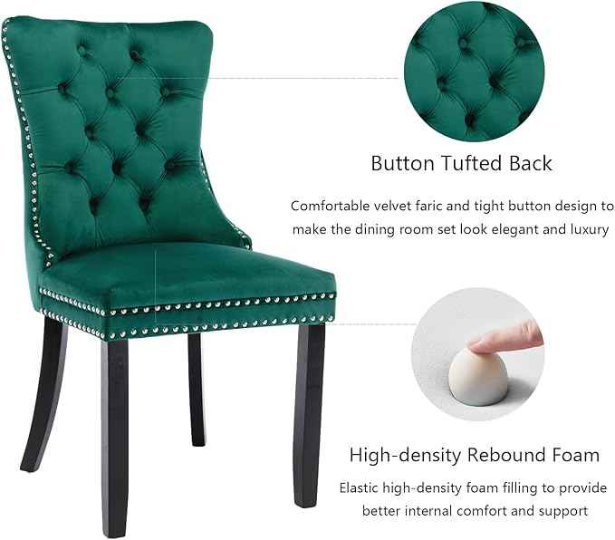 Green Velvet Dining Chairs Set of 6, Upholstered Dining Room Chairs with Back Ring Pull Trim and Solid Wood Legs, Tufted Wingback Kitchen Chairs for Dining Room,Living Room,Kitchen(Green)