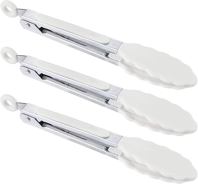 7 inch Cooking Tongs, MSY BIGSUNNY Set of 3 Mini Kitchen Tongs Silicone Serving Tongs With Silicone Tips for FoodGrill, Salad, BBQ (Snow White)