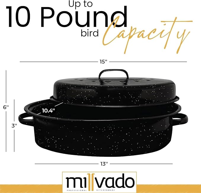 Millvado Granite Roasting Pan, 10 lb Capacity Turkey Roasting Pan with Lid, 15" Granite Oven Roaster Oval Shaped Speckled Enamel on Steel Cookware