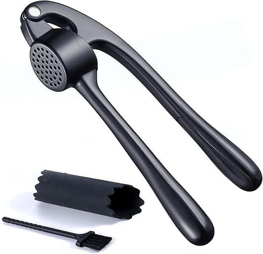 Premium Garlic Press Stainless Steel - Elevate Your Culinary Experience with Our Premium Garlic Mincer, Crusher & Peeler Set, Dishwasher Safe & Rust-proof (Matte-Black)