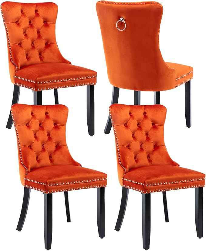 Velvet Dining Chairs Set of 4, Upholstered Dining Room Chairs with Back Ring Pull Trim and Solid Wood Legs,Tufted Wingback Kitchen Chair Perfect for Dining Room,Living Room,Kitchen(Orange)