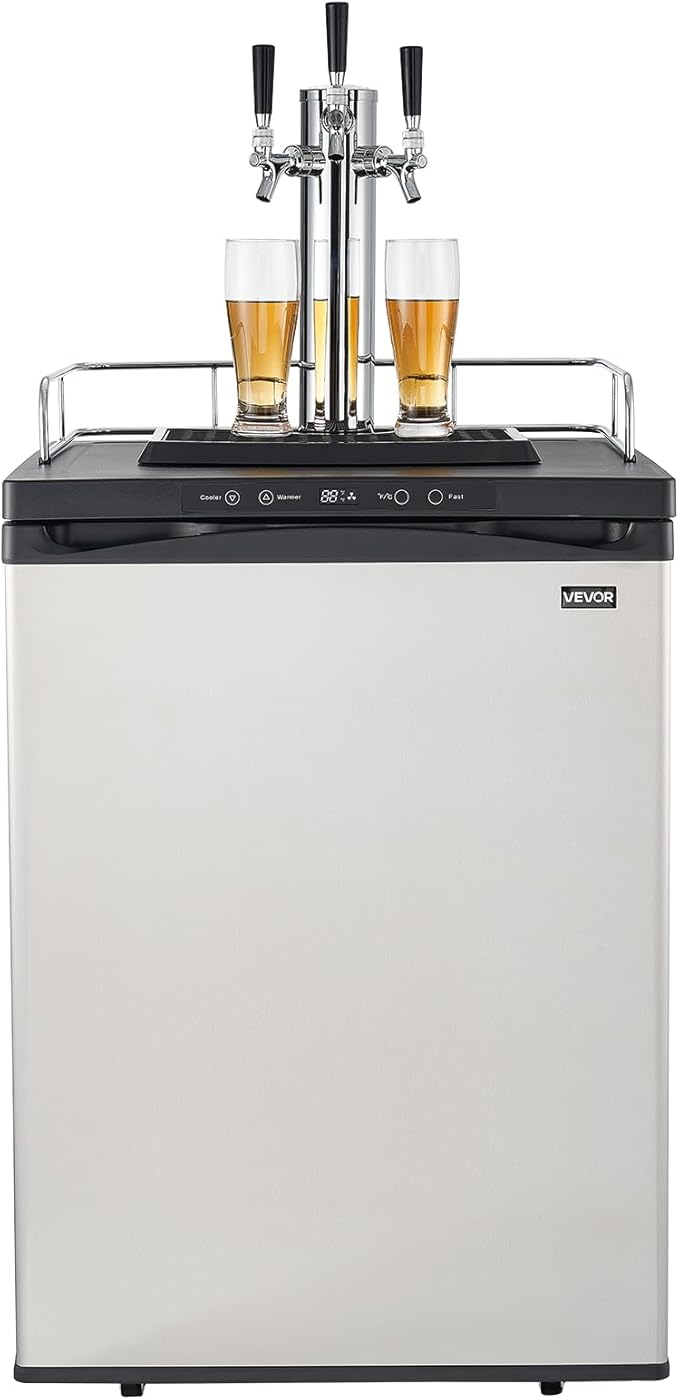 VEVOR Beer Kegerator, Triple Tap Commercial Draft Beer Dispenser for D system, Full Size Keg Refrigerator with 5lbs CO2 Tank, Hold 3 Sixth/2 Slim/3 Ball lock keg (3 taps - ball lock)