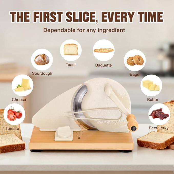 Upgrade Manual Bread Slicer for Homemade Bread, Sourdough Slicer with Hand Crank, Metal Guide Rail, Non-Slip Suction Base & Sharp Blade for Consistent Even Slices