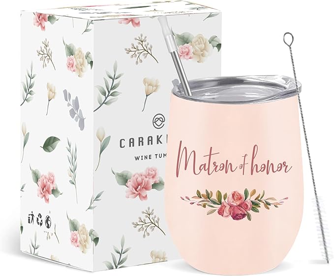 CARAKNOTS Matron of Honor Gifts Bridesmaid Tumbler Bridesmaid Proposal Gifts Wedding Wine Tumbler for Engagement Bachelorette Party Pink Stainless Steel Tumblers with Lid and Straw 12 oz