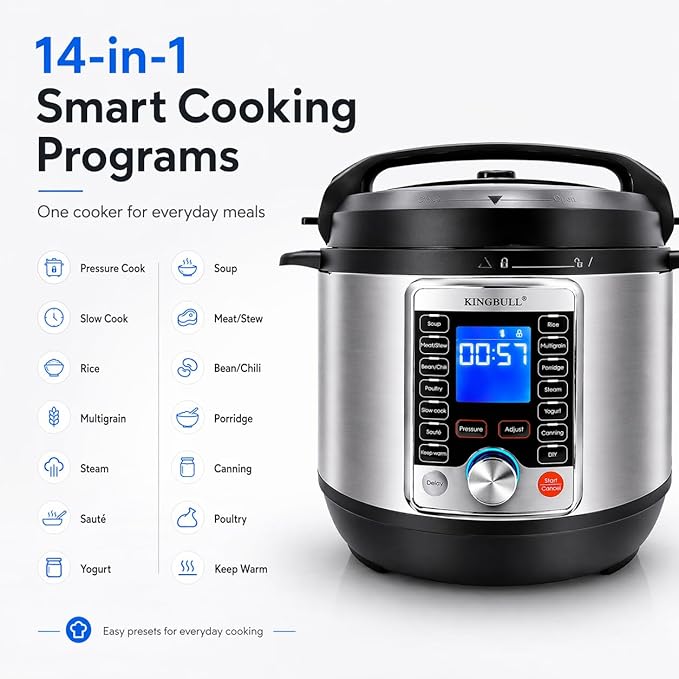 KINGBULL 14-in-1 Electric Pressure Cooker 8 Quart, Stainless Steel Multi Cooker with LCD Display and Knob Control, Slow Cooker, Rice Cooker, Steamer, Sauté, Yogurt Maker, Warmer, DIY Mode