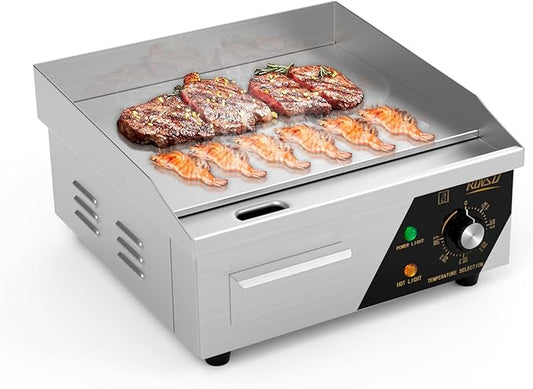 Bonnlo 14 Inch 1500W Commercial Griddle with Stainless Steel Countertop, Flat Griddle, 122-572℉ Adjustable Temp Control of Electric Flat Top Grill for Cheese 、Steak and Egg Indoor and Restaurant