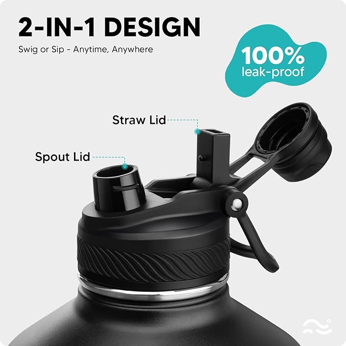 Swigina 1 Gallon Insulated Water Bottle with Silicone Boot (48hrs Cold/24hrs Hot) - DIY Stickers, Leakproof, BPA Free, 128 oz [2-IN-1 LID]