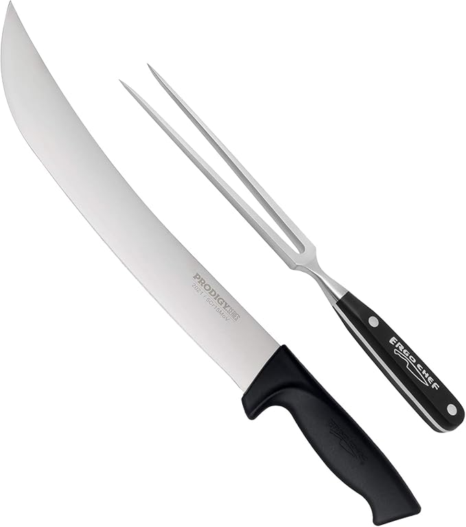 Ergo Chef Prodigy Series 12-Inch Cimeter Curved Blade Breaking Knife with 8 Inch Meat Carving Fork (2pc. Set)