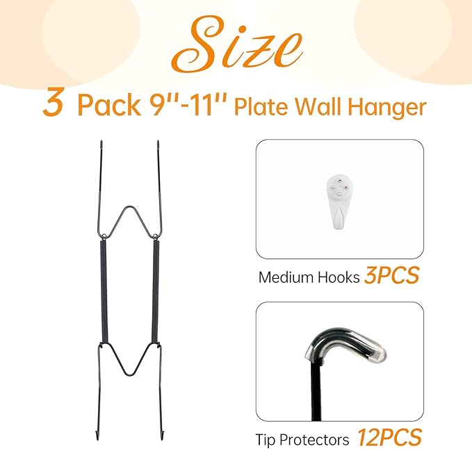 Bilillo 3 Pack Plate Hangers for The Wall, Suitable for 9''-11'' Decorative Plate,Invisible Heavy Duty Wire Plate Holder with Wall Hooks, Plate Hangers for Displaying Plates, Platter, Dish (Black)