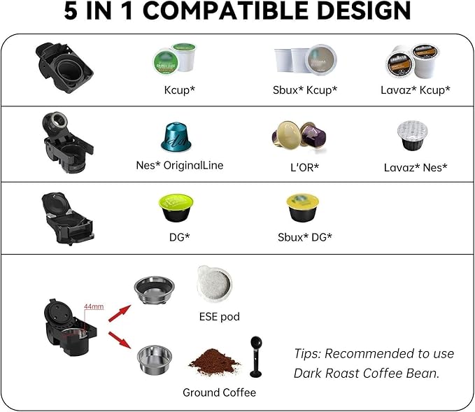 Multi-Capsule Coffee Maker, Hot/Cold Coffee Maker, Milk, ESE Pod Ground Coffee, Cafeteria, 19 Bar, 5 in 1 (Color : H2B BK, Size : CHINA_US)