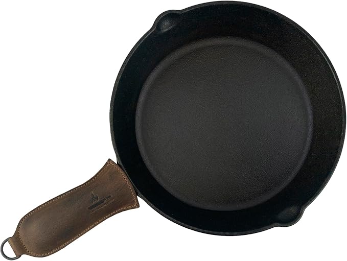 Hot Handle Panhandle with Half Ring, Potholder, Cookware Slides On/Off Easily onto Metal Skillet Grips, Full Grain Leather, Handmade, Bourbon Brown
