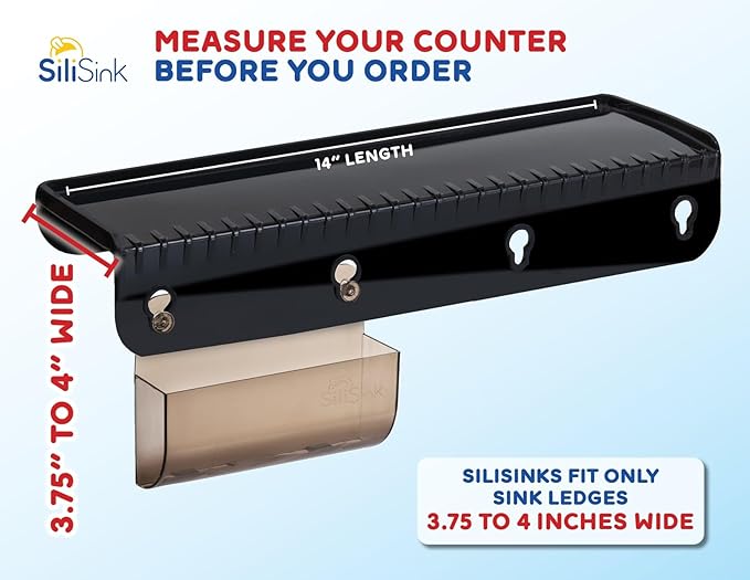 SiliProducts SiliSink Silicone Sink Edge Guard for Kitchen Sink - Fits 3.75”- 4” Wide - The Original Silicone Edge Protector with Sponge Caddy - Splash Guard, 14” Black Diamond