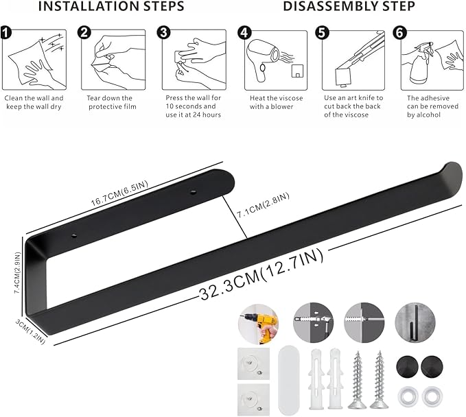 Self Adhesive Paper Towel Holder Under Cabinet Mount, 304 Stainless Steel Wall Mount Paper Towel Roll Rack for Kitchen Cabinet, Bathroom (Blakc)