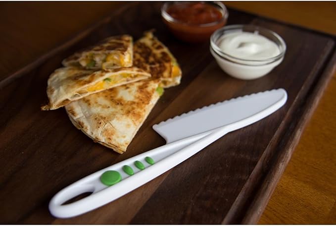 Curious Chef Kid Safe Kitchen Knife Set - 3-Piece Nylon Knives for Kids, White & Green, Ages 4+ - Non-Scratch Tools for Nonstick Pans & Kitchen Tool Set