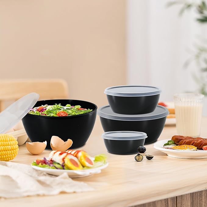 4-Piece Classic Plastic Prep Bowls with Lids, Nesting Plastic Small Mixing Bowl Set for Mixing, Baking, Prepping, Cooking and Serving Food, Microwave and Dishwasher Safe (Black)