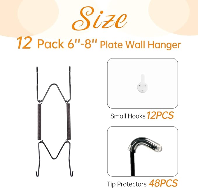 Bilillo 12 Pack Plate Hangers for The Wall, Suitable for 6''-8'' Decorative Plate,Invisible Heavy Duty Wire Plate Holder with Wall Hooks, Plate Hangers for Displaying Plates, Platter, Dish (Black)