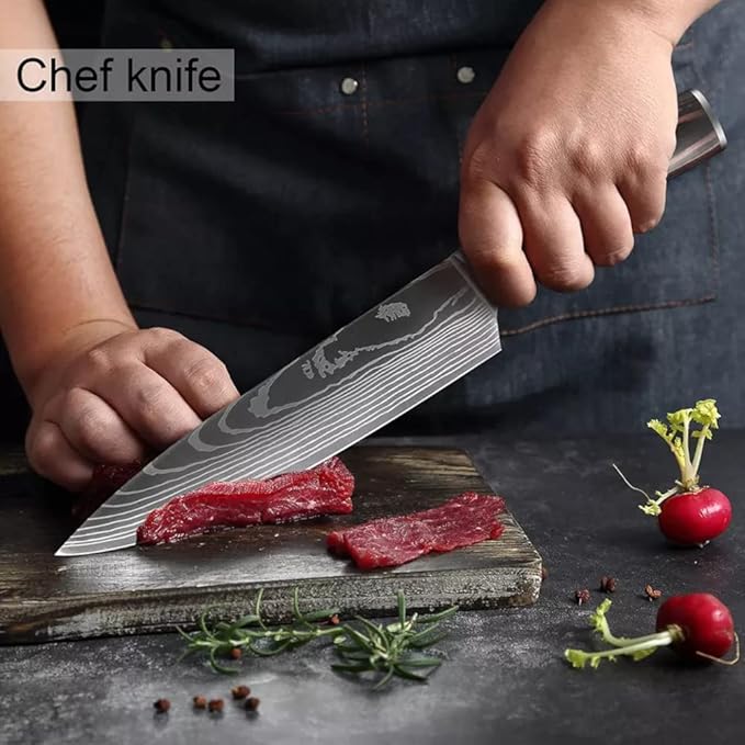 Epicurean Cook Majesty Series 8-Piece Premium Japanese Kitchen Knife Set - Ultra Sharp Laser Damascus Pattern - Professional Chef Hibachi Knives - Juego de Cuchillos para Cocina Profesional