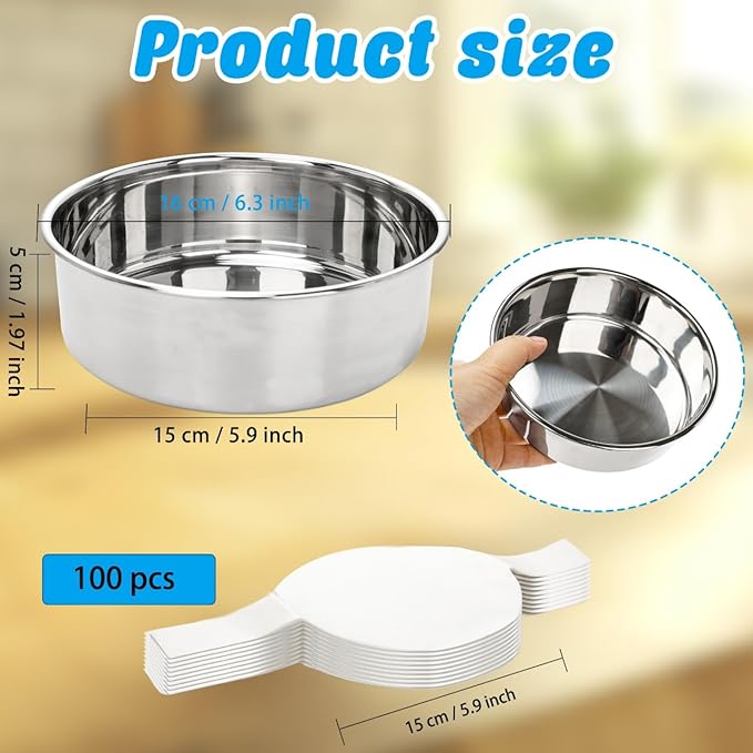8 Pcs 6 Inch Cake Pan with 100 Easy Lift Paper Liners Stainless Steel Mini Round Cake Pan Tin for Oven Birthday Wedding Party Dishwasher Safe