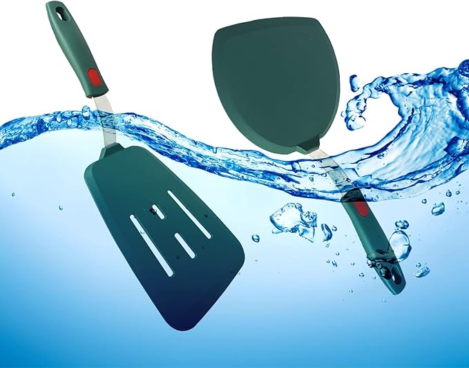 Silicone Spatula Set of 2 for Nonstick Cookware,Tenta Tenta Kitchen Slotted Angle Round Pancake Spatulas 600°F Heat Resistant Classic Rubber Spatula Set For Cooking-Dark Blue