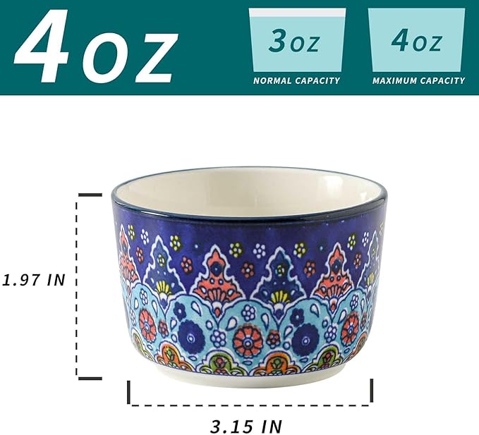 Glowworm Ramekins Oven Safe, 4 Oz Ceramic Creme Brulee Ramekins Set of 6, Souffle Dishes Pudding Custard Cups for Baking, Oven & Dishwasher Safe, Bohemian