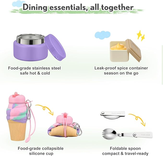 Lunch Box Kids with 5 Compartments, Insulated Food Jar & Utensil & Sauce Container & Lunch Bag & Silicone Collapsible Cup, Leak Proof Bento Box, BPA-Free & Dishwasher Safe-Soft Purple