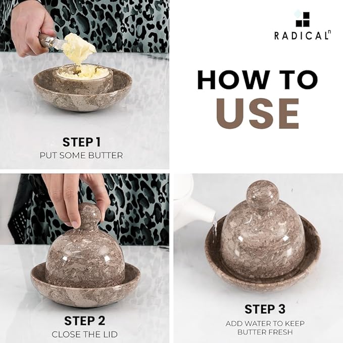 Radicaln Marble Butter Dish With Lid 6" Inches Oceanic Handmade Butter Crock For Spreadable Butter Ideal Butter Crock For Counter With Water French Butter, Crock Pot For Countertop