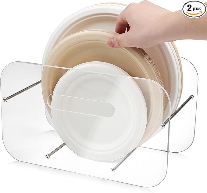 Paper Plate Dispenser, 7-12 Inch Disposable Plates Storage Organizer, Round Square Plastic Foam Paper Plate Acrylic Organizer for Cabinet, Countertop, RV or Outdoor Use (2)