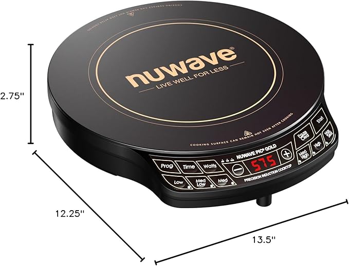 Nuwave Precision Induction Cooktop Gold, 12” Shatter-Proof Ceramic Glass Surface, Large 8” Heating Coil, Portable, 51Temp Settings 100°F to 575°F, 3 Wattage Settings 600, 900, and 1500 Watts