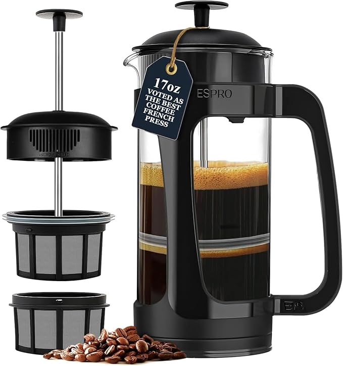 ESPRO Light P3 French Press Coffee Maker – Patented Double Micro-Filter for Grit-Free Brew, Heat Resistant thicker Borosilicate Glass Coffee press – (Black 17 oz)