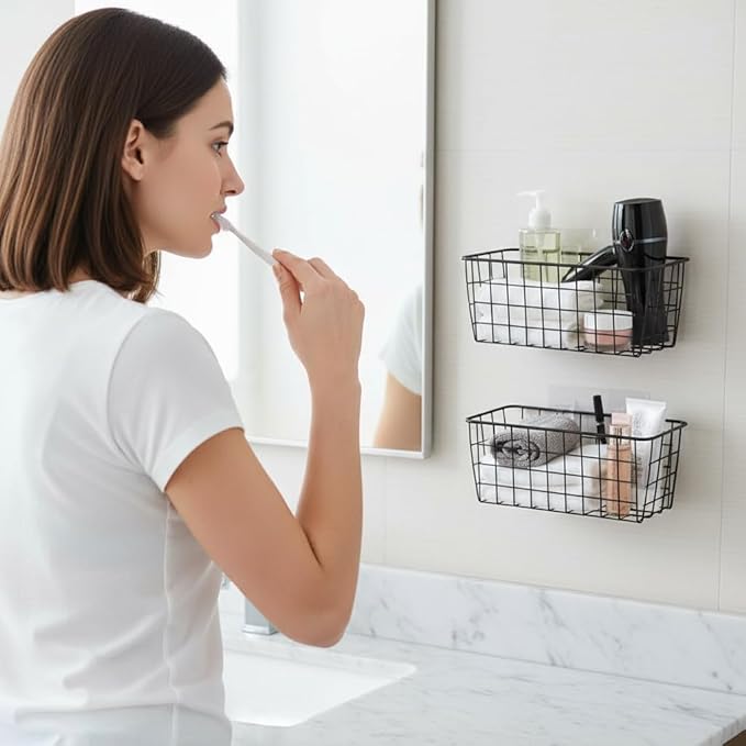 3 Set LeleCAT Adhesive Over the Cabinet Door Wire Baskets for Organizing for Kitchen Food Pantry Bathroom Shelf Storage No Drilling Wall Mounted,Black